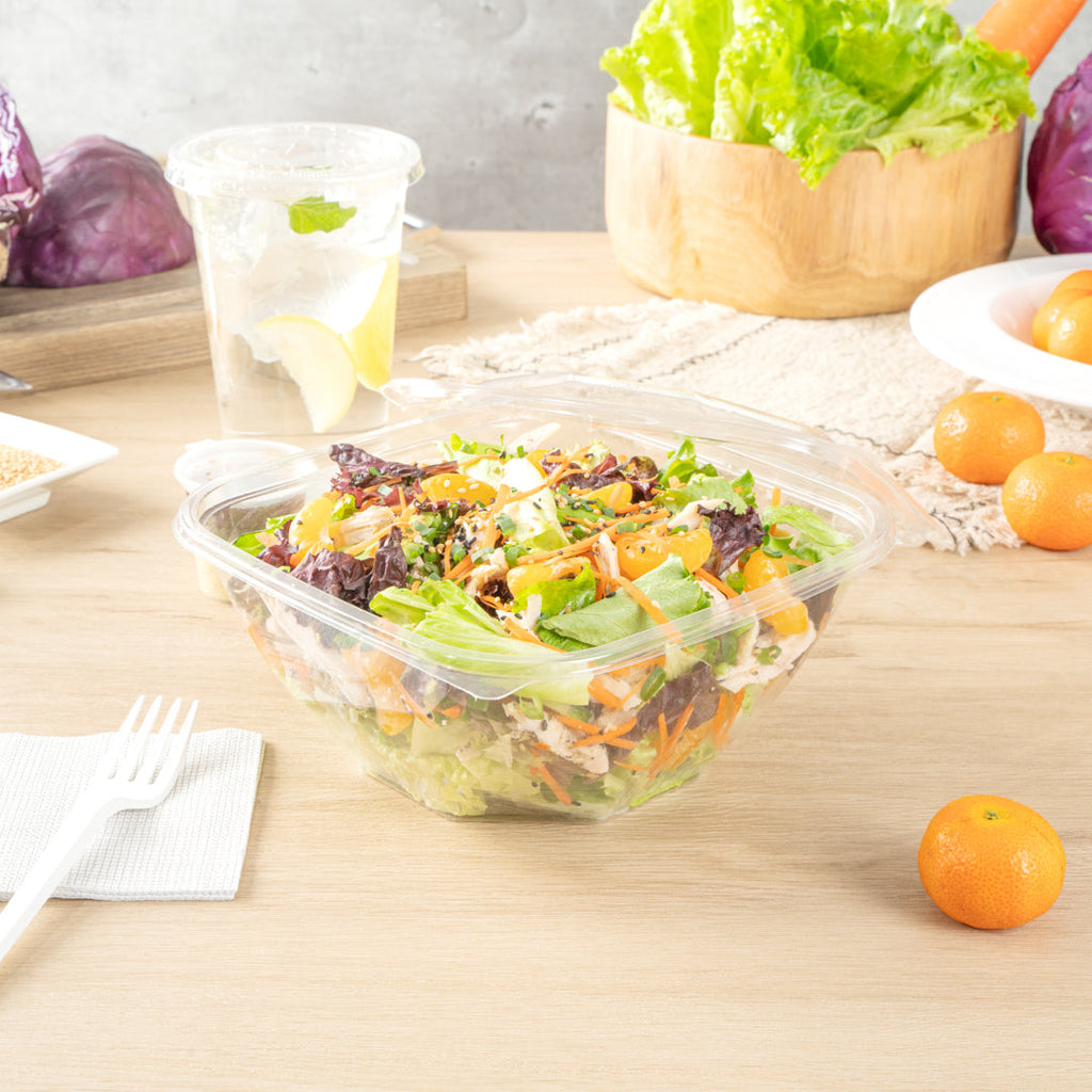 Thermo Tek 51 oz Square Clear Plastic Take Out Salad Bowl - with Lid, Anti-Fog - 7 1/2" x 7 1/2" x 4 1/4" - 100 count box