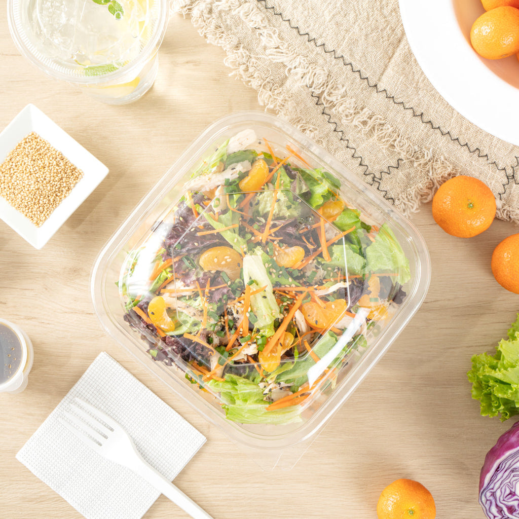 Thermo Tek 51 oz Square Clear Plastic Take Out Salad Bowl - with Lid, Anti-Fog - 7 1/2" x 7 1/2" x 4 1/4" - 100 count box