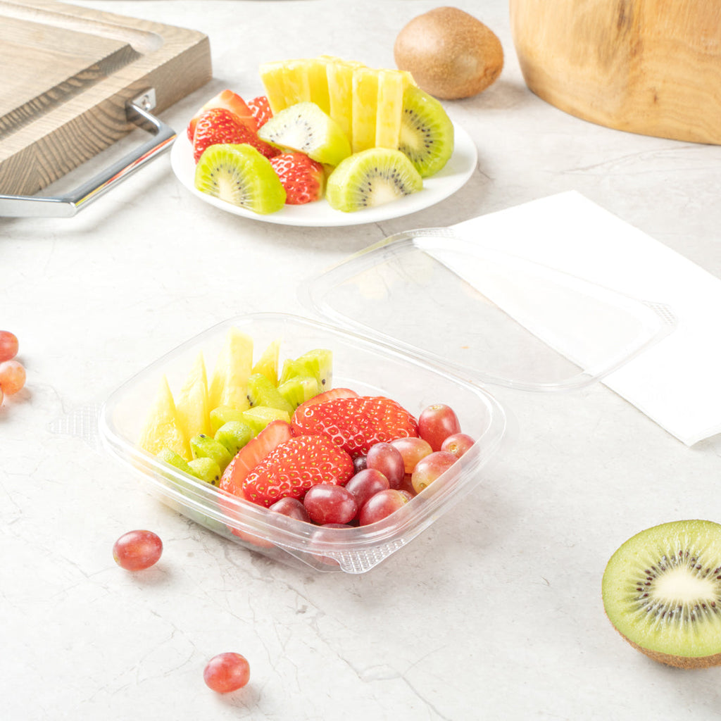 Thermo Tek 8 oz Rectangle Clear Plastic Deli / Snack Container - with Hinged Lid, Anti-Fog - 10" x 5 3/4" x 1 1/4" - 100 count box