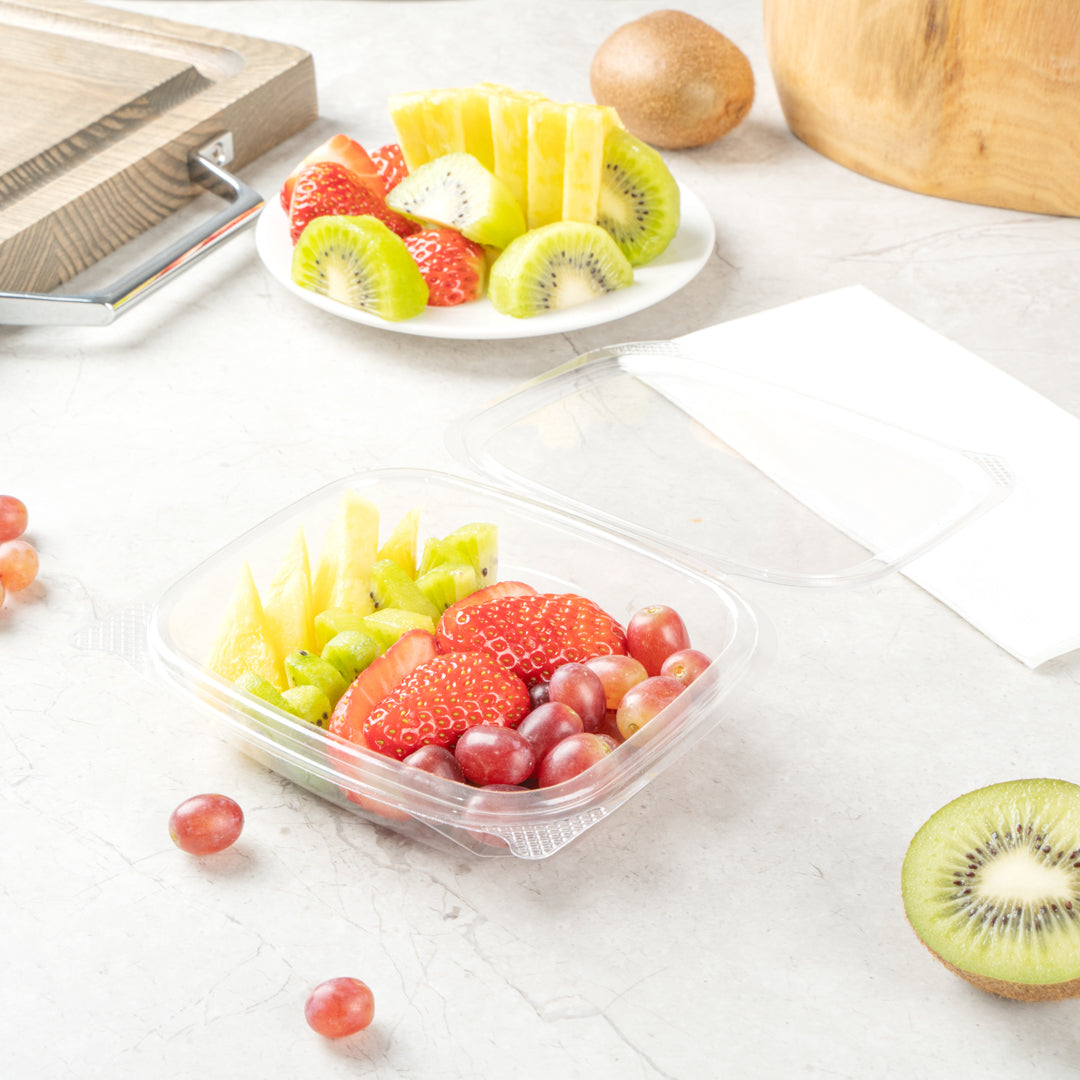 Thermo Tek 8 oz Rectangle Clear Plastic Deli / Snack Container - with Hinged Lid, Anti-Fog - 10" x 5 3/4" x 1 1/4" - 100 count box