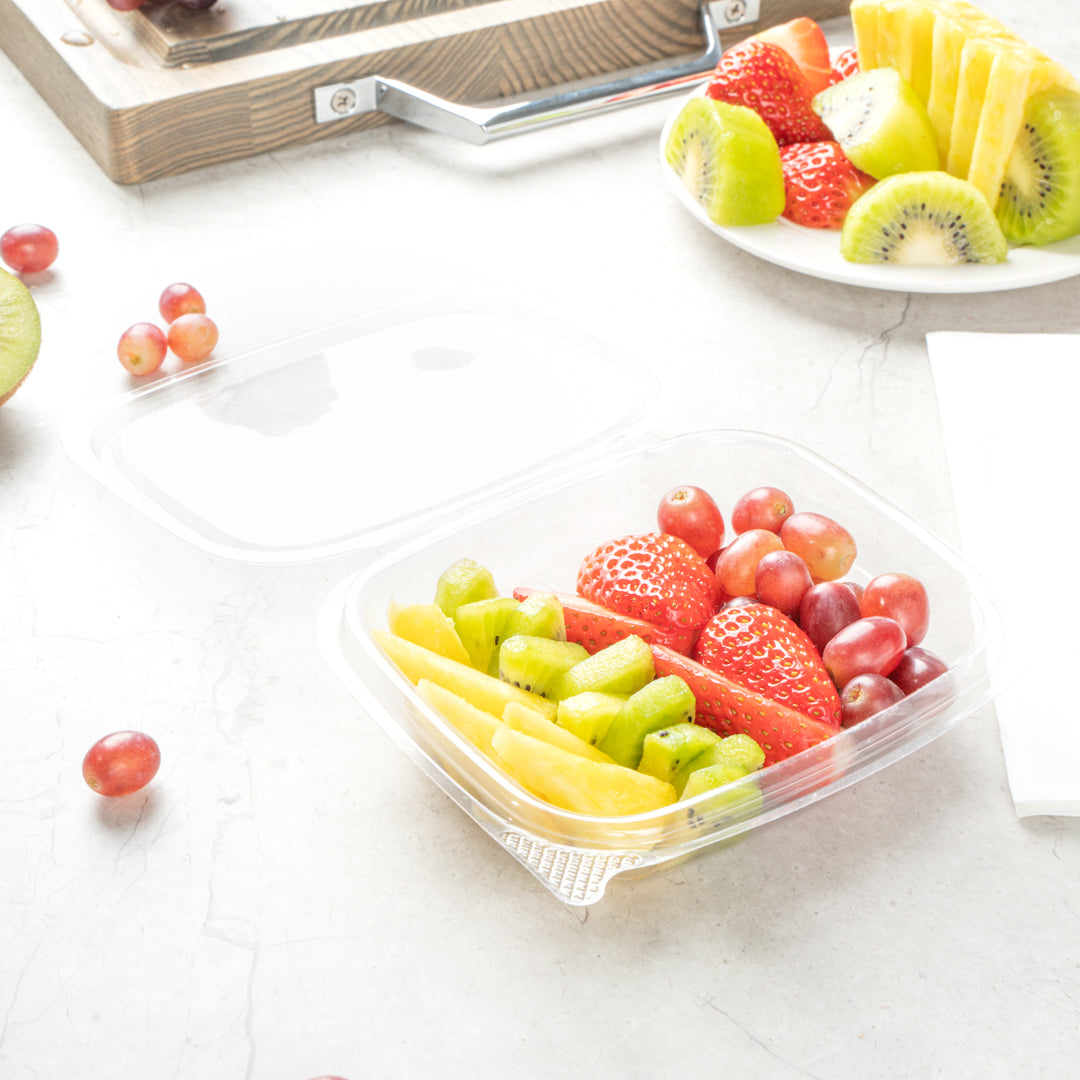 Thermo Tek 8 oz Rectangle Clear Plastic Deli / Snack Container - with Hinged Lid, Anti-Fog - 10" x 5 3/4" x 1 1/4" - 100 count box