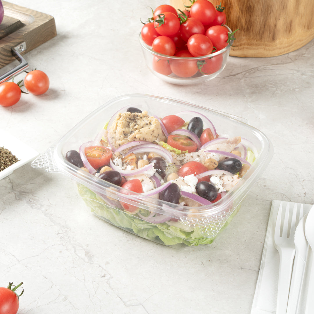 Thermo Tek 32 oz Rectangle Clear Plastic Deli / Snack Container - with Hinged Lid, Anti-Fog - 7 1/2" x 6 1/4" x 2 3/4" - 100 count box