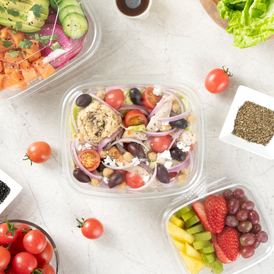 Thermo Tek 32 oz Rectangle Clear Plastic Deli / Snack Container - with Hinged Lid, Anti-Fog - 7 1/2" x 6 1/4" x 2 3/4" - 100 count box