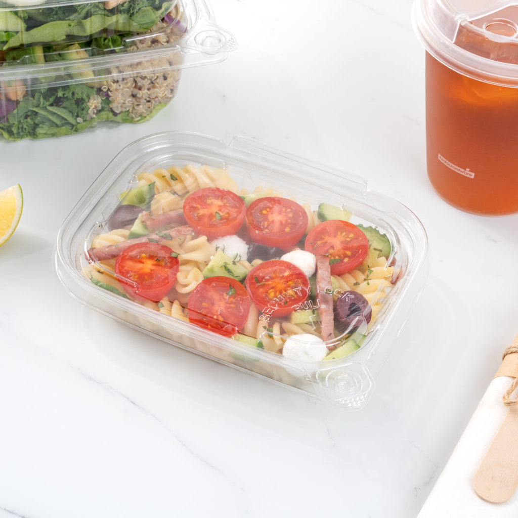 Tamper Tek 8 oz Rectangle Clear Plastic Container - with Hinged Lid, Tamper-Evident - 4 3/4" x 6" x 1 1/4" - 100 count box