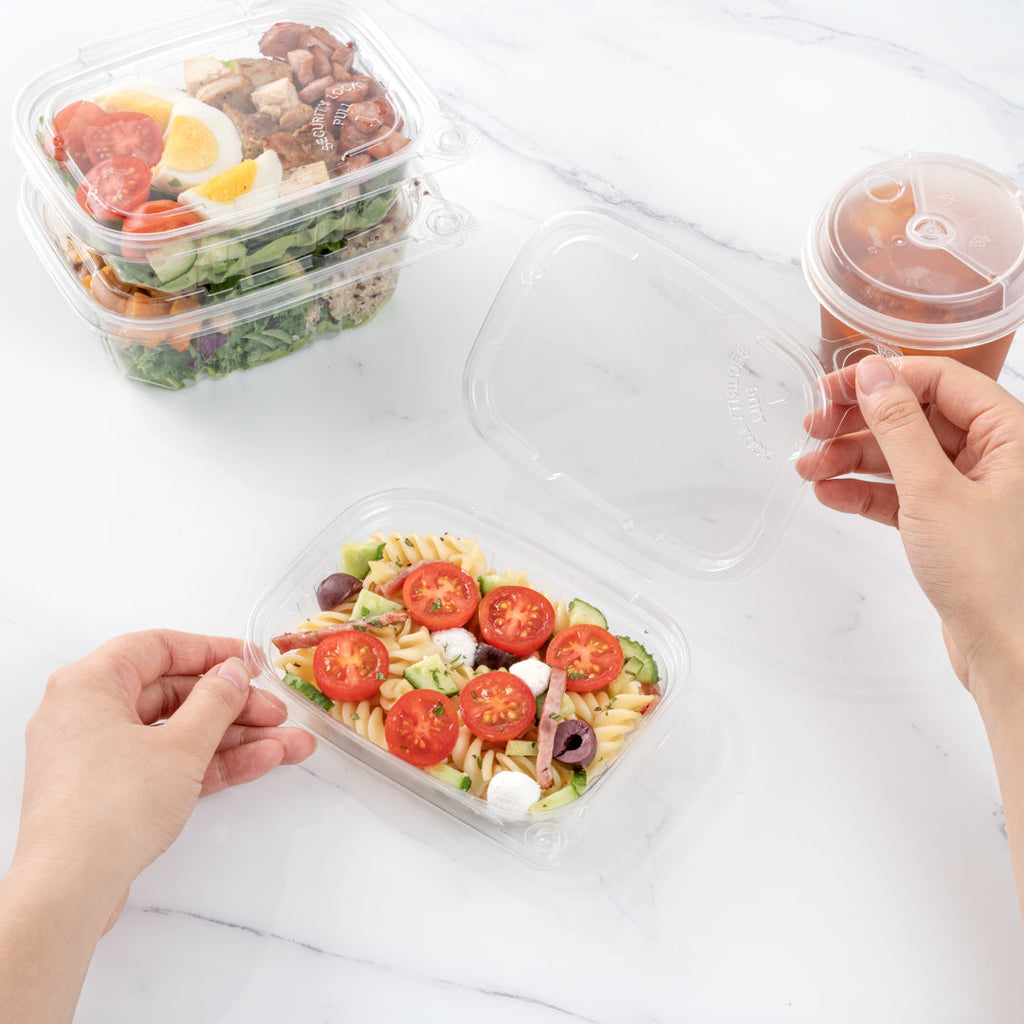 Tamper Tek 8 oz Rectangle Clear Plastic Container - with Hinged Lid, Tamper-Evident - 4 3/4" x 6" x 1 1/4" - 100 count box