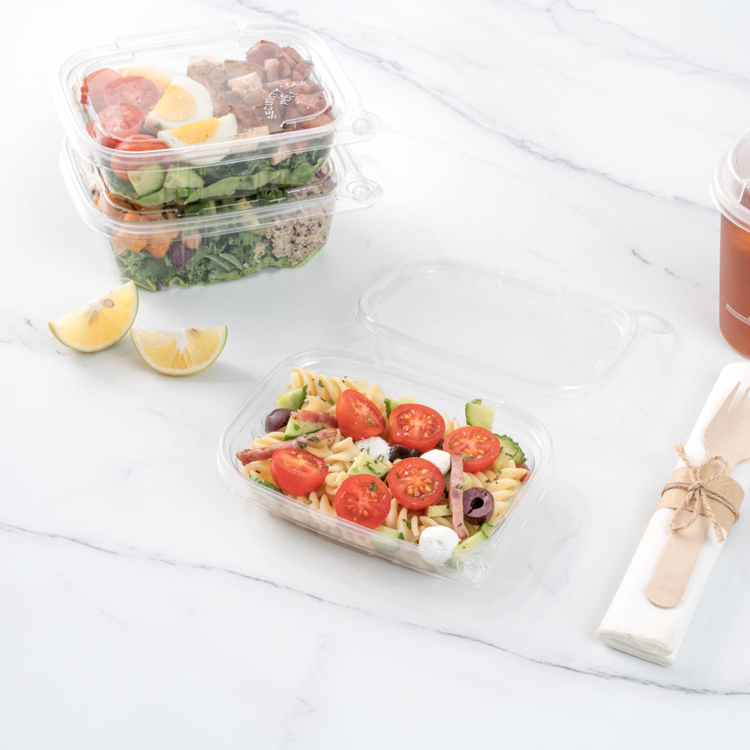 Tamper Tek 8 oz Rectangle Clear Plastic Container - with Hinged Lid, Tamper-Evident - 4 3/4" x 6" x 1 1/4" - 100 count box