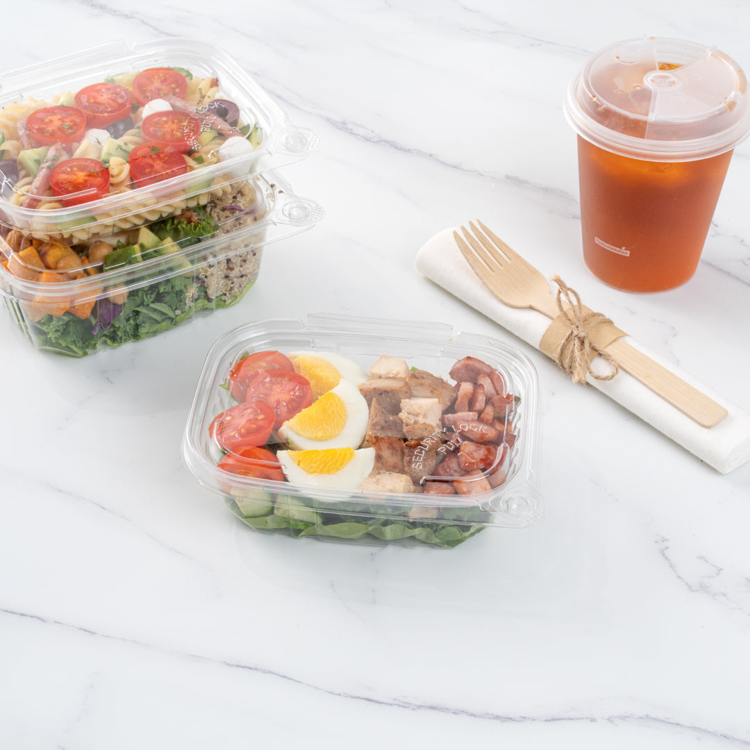 Tamper Tek 12 oz Rectangle Clear Plastic Container - with Hinged Lid, Tamper-Evident - 4 3/4" x 6" x 1 1/2" - 100 count box