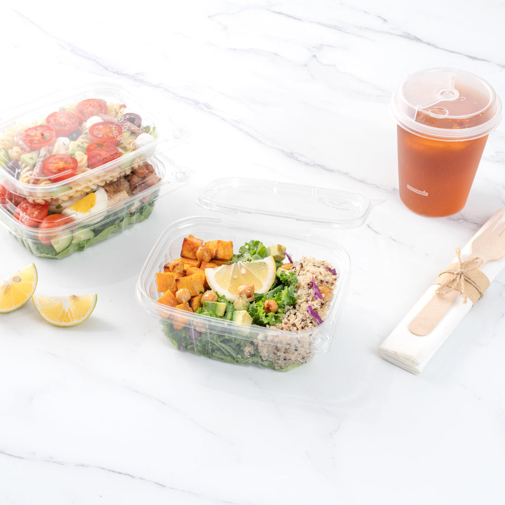 Tamper Tek 16 oz Rectangle Clear Plastic Container - with Hinged Lid, Tamper-Evident - 4 3/4" x 6" x 2" - 100 count box