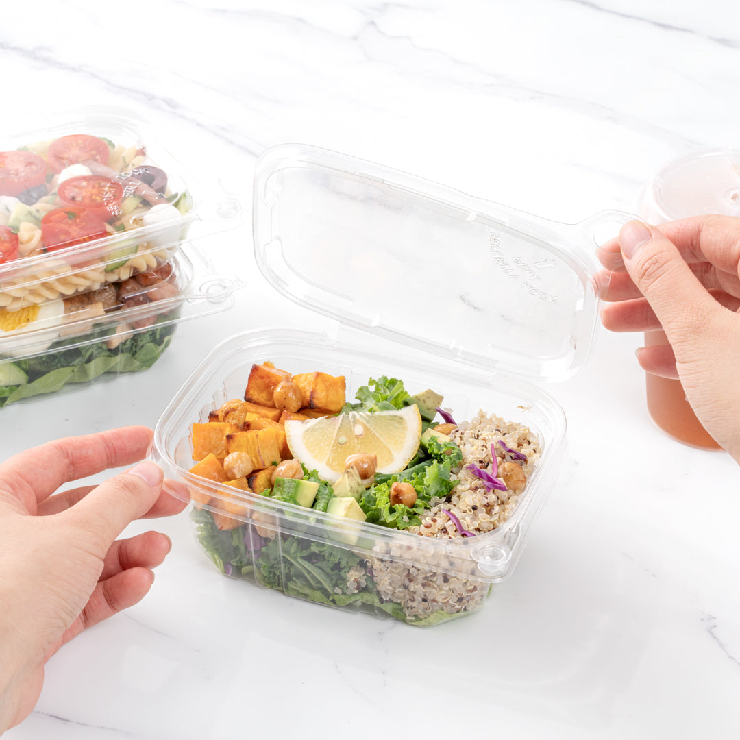 Tamper Tek 16 oz Rectangle Clear Plastic Container - with Hinged Lid, Tamper-Evident - 4 3/4" x 6" x 2" - 100 count box
