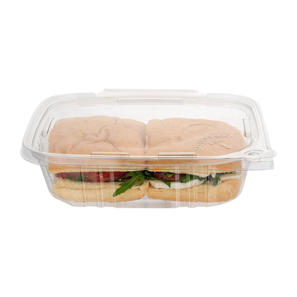 Tamper Tek 24 oz Rectangle Clear Plastic Container - with Hinged Lid, Tamper-Evident - 6 1/2" x 4 1/2" x 2" - 100 count box