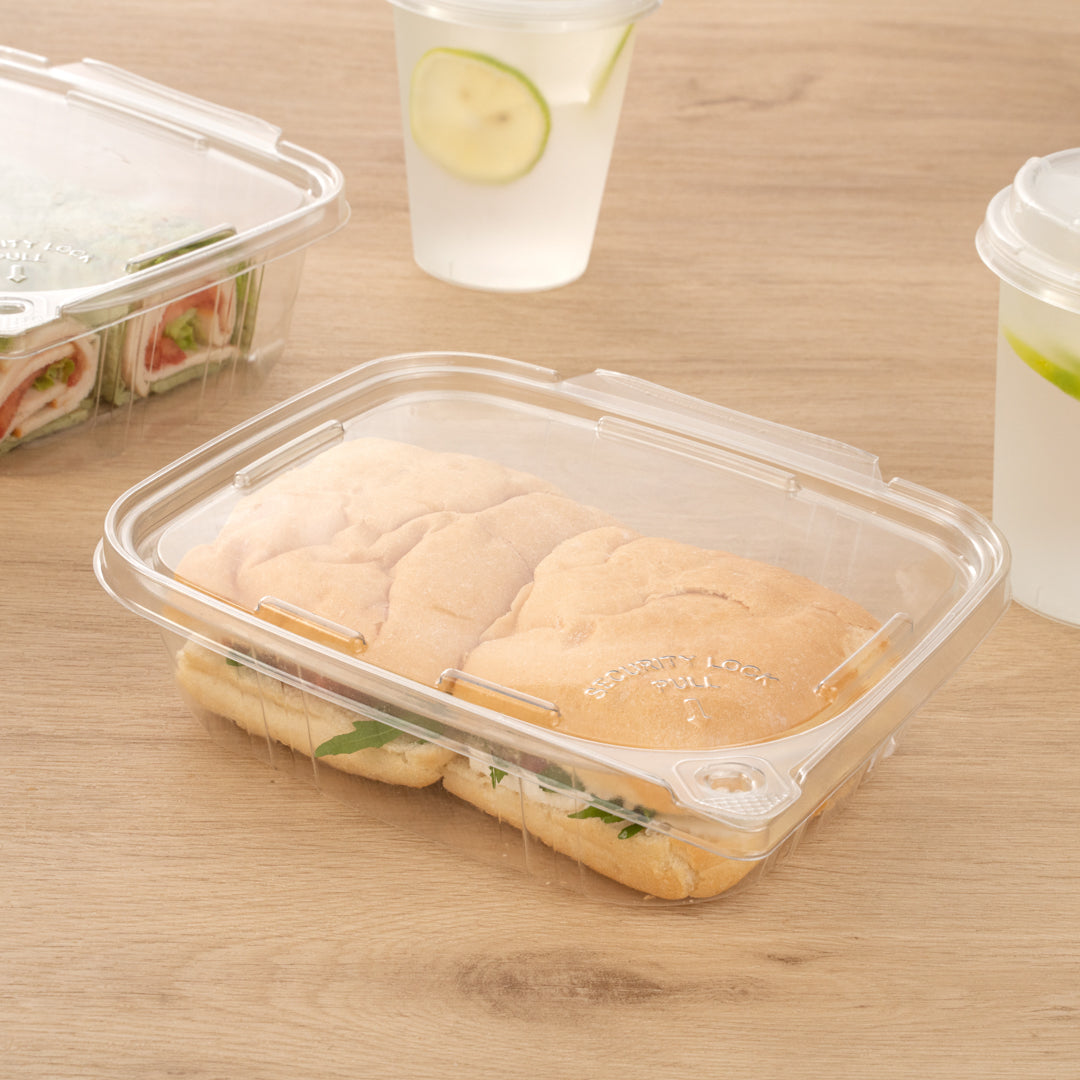 Tamper Tek 24 oz Rectangle Clear Plastic Container - with Hinged Lid, Tamper-Evident - 6 1/2" x 4 1/2" x 2" - 100 count box