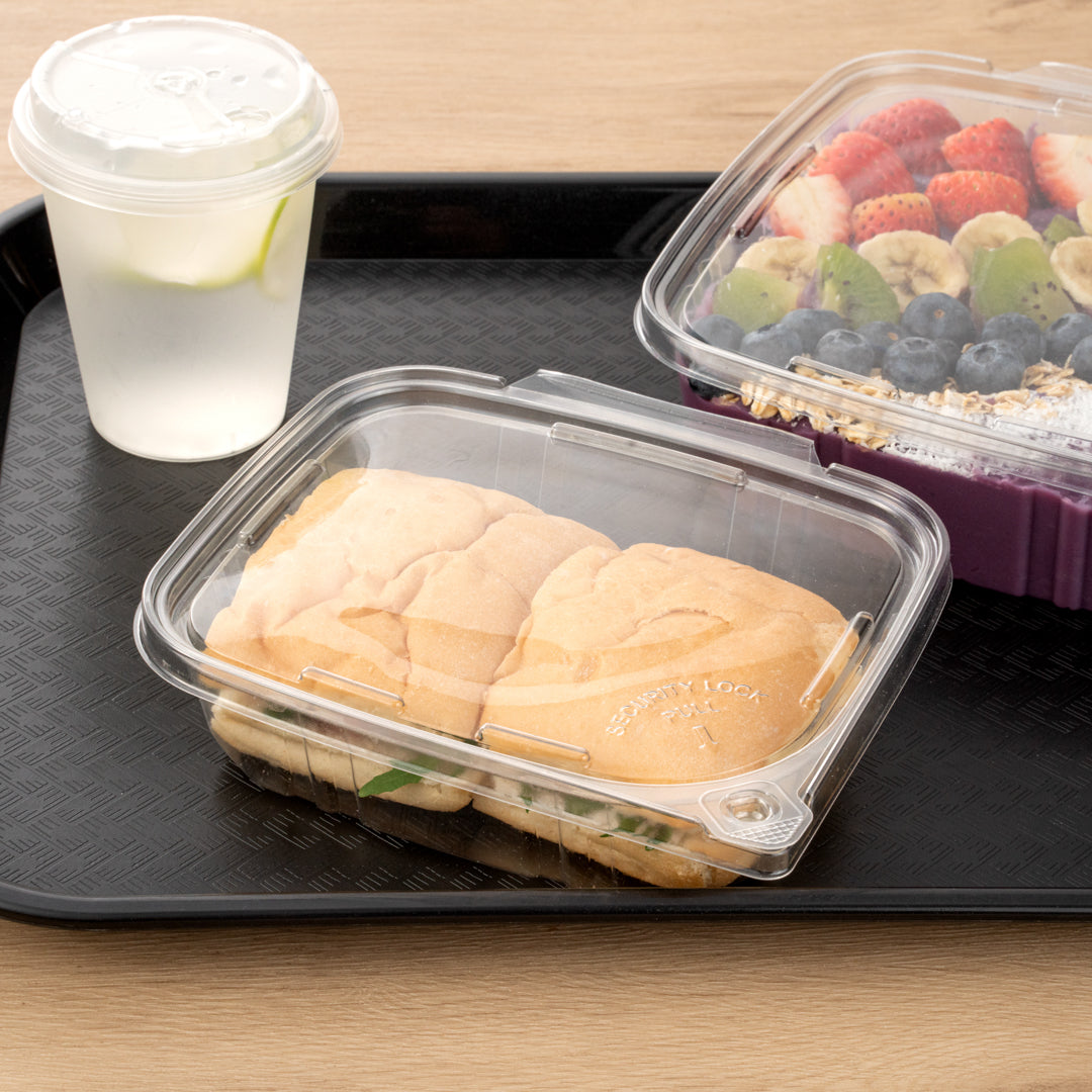 Tamper Tek 24 oz Rectangle Clear Plastic Container - with Hinged Lid, Tamper-Evident - 6 1/2" x 4 1/2" x 2" - 100 count box