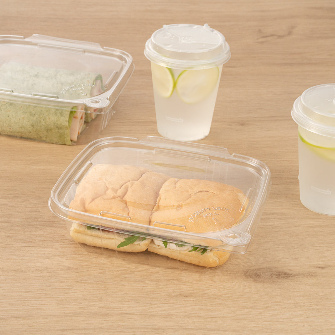 Tamper Tek 24 oz Rectangle Clear Plastic Container - with Hinged Lid, Tamper-Evident - 6 1/2" x 4 1/2" x 2" - 100 count box
