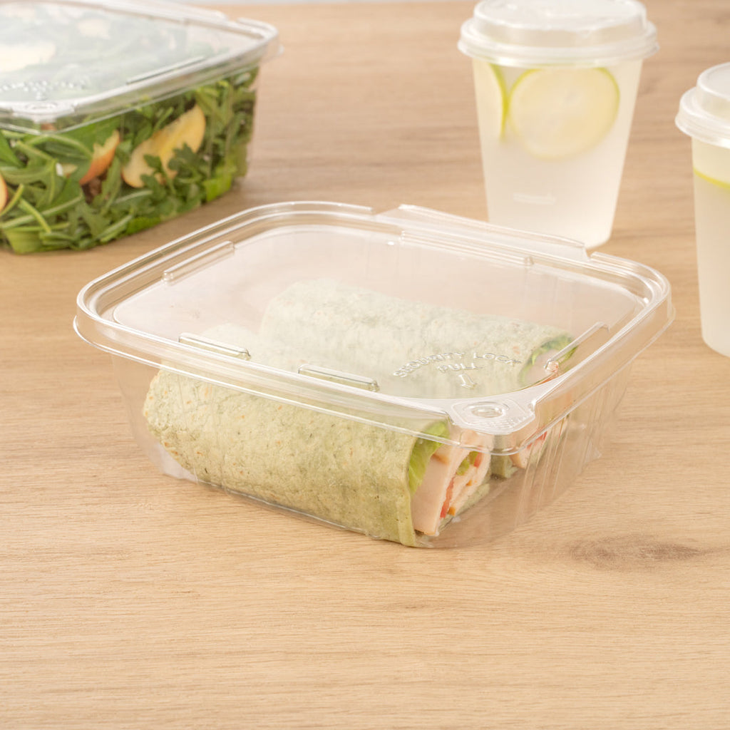 Tamper Tek 32 oz Rectangle Clear Plastic Container - with Hinged Lid, Tamper-Evident - 6 1/2" x 4 1/2" x 2 1/2" - 100 count box