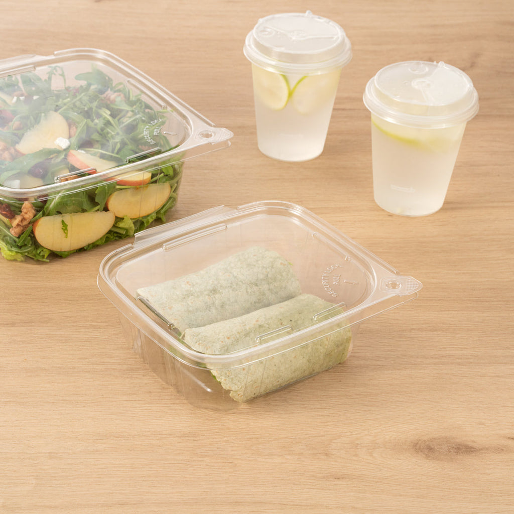 Tamper Tek 32 oz Rectangle Clear Plastic Container - with Hinged Lid, Tamper-Evident - 6 1/2" x 4 1/2" x 2 1/2" - 100 count box