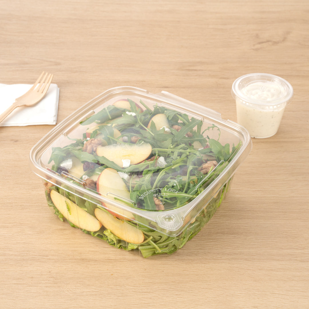 Tamper Tek 64 oz Rectangle Clear Plastic Container - with Hinged Lid, Tamper-Evident - 8 1/4" x 7 1/2" x 3 1/4" - 100 count box