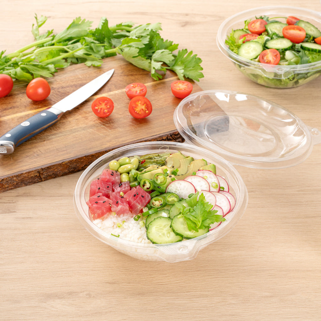 Tamper Tek 24 oz Round Clear Plastic Bowl - with Hinged Lid, Tamper-Evident - 7" x 7" x 2 3/4" - 100 count box