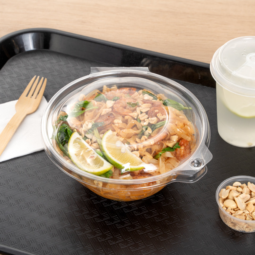 Tamper Tek 32 oz Round Clear Plastic Bowl - with Hinged Lid, Tamper-Evident - 7" x 7" x 3 1/2" - 100 count box