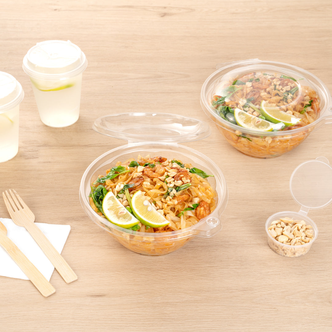 Tamper Tek 32 oz Round Clear Plastic Bowl - with Hinged Lid, Tamper-Evident - 7" x 7" x 3 1/2" - 100 count box