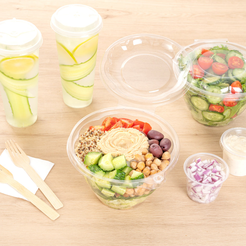 Tamper Tek 48 oz Round Clear Plastic Bowl - with Hinged Lid, Tamper-Evident - 7" x 7" x 4 3/4" - 100 count box