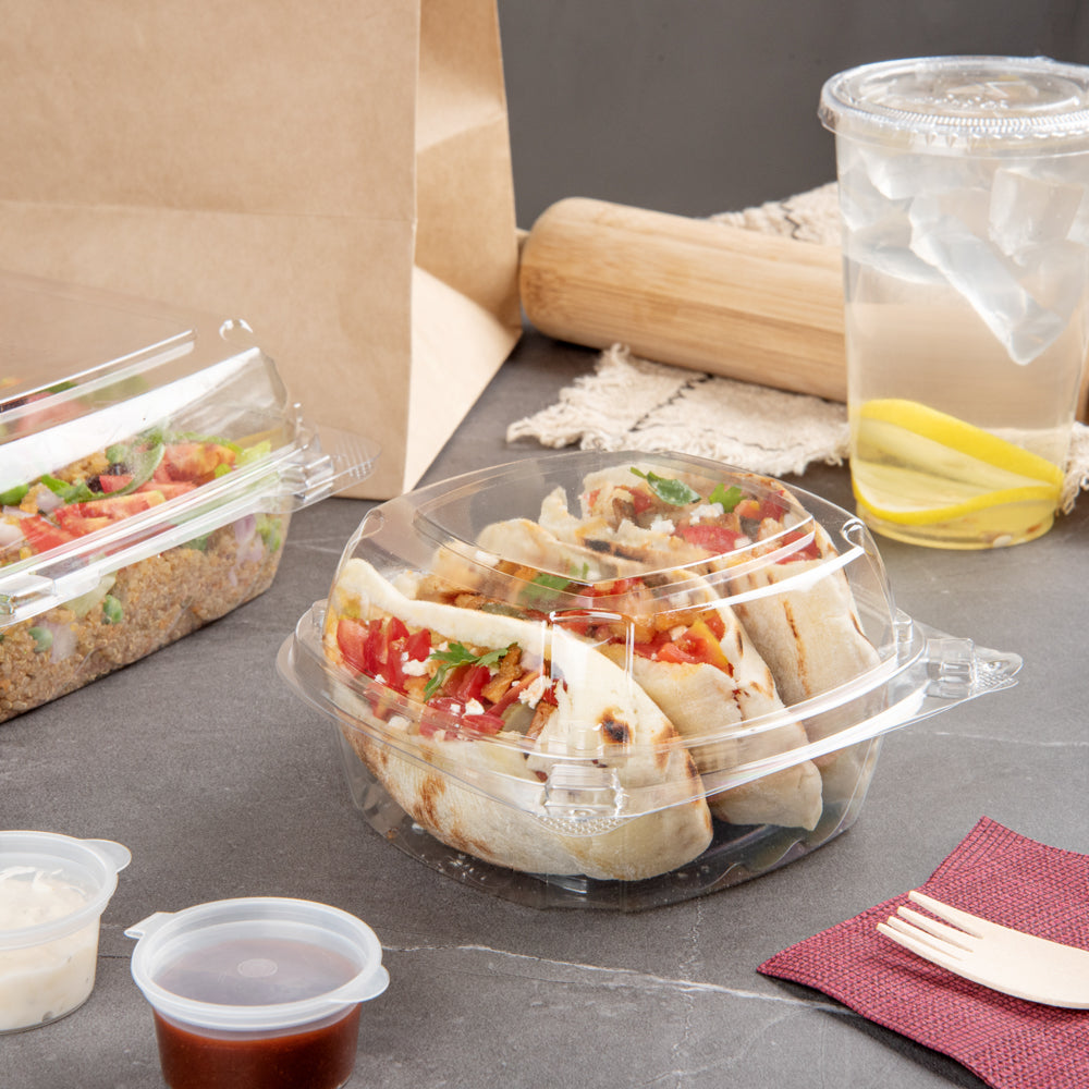 Thermo Tek 19 oz Rectangle Clear Plastic Clamshell Container - Anti-Fog - 6" x 5 1/2" x 2 3/4" - 100 count box