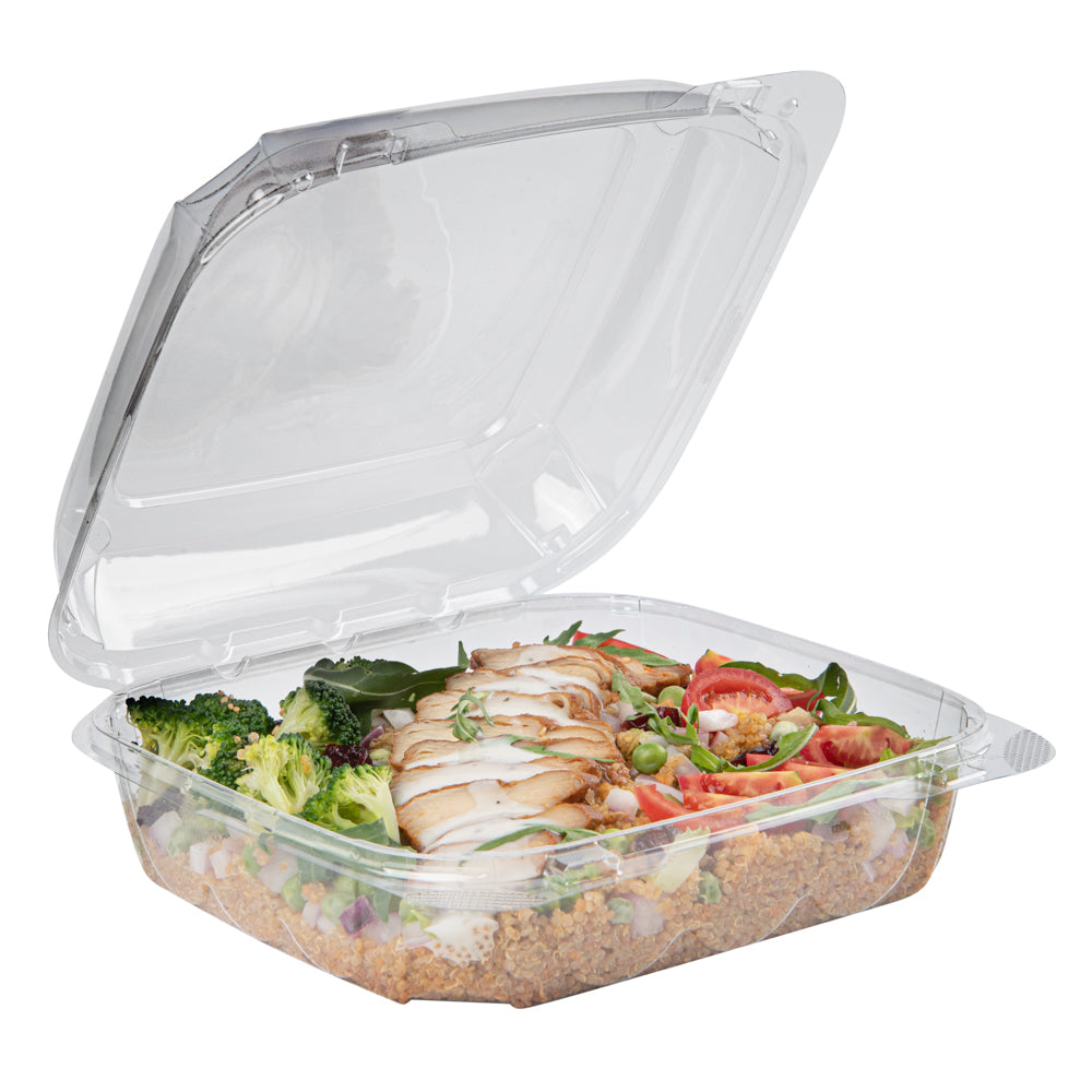 Thermo Tek 39 oz Square Clear Plastic Clamshell Container - Anti-Fog - 7 3/4" x 7 3/4" x 2 1/2" - 100 count box