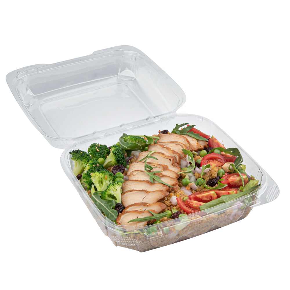 Thermo Tek 39 oz Square Clear Plastic Clamshell Container - Anti-Fog - 7 3/4" x 7 3/4" x 2 1/2" - 100 count box
