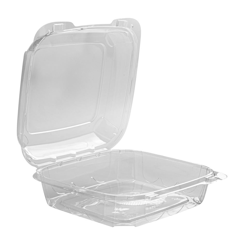 Thermo Tek 39 oz Square Clear Plastic Clamshell Container - Anti-Fog - 7 3/4" x 7 3/4" x 2 1/2" - 100 count box