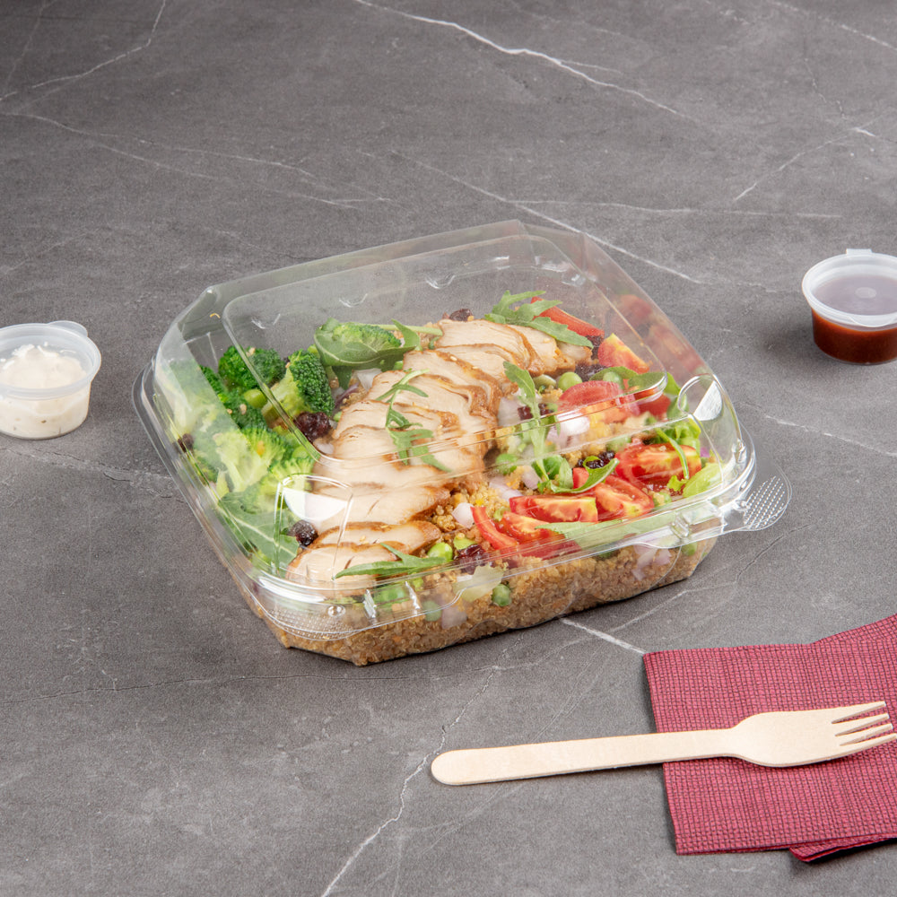 Thermo Tek 39 oz Square Clear Plastic Clamshell Container - Anti-Fog - 7 3/4" x 7 3/4" x 2 1/2" - 100 count box