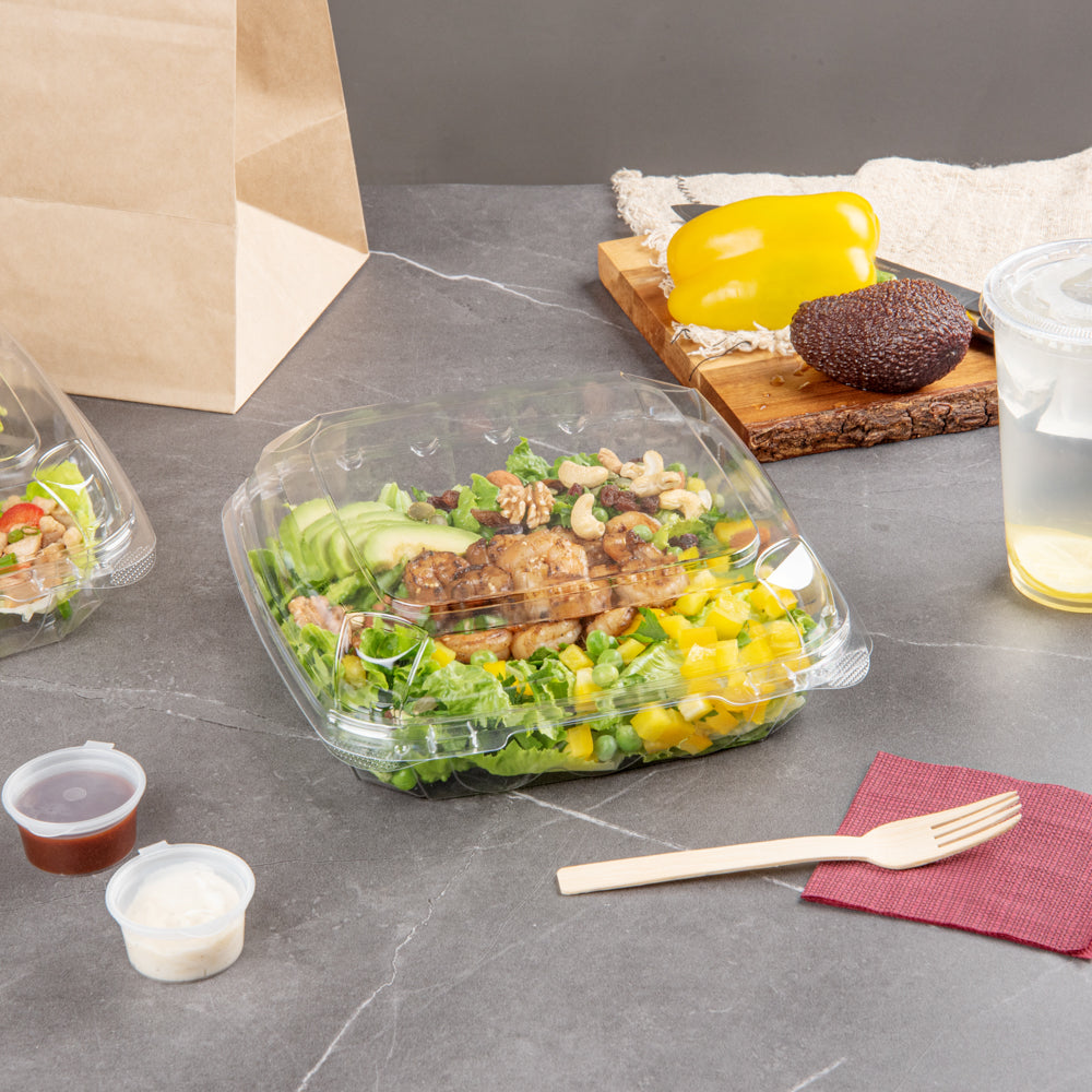 Thermo Tek 46 oz Rectangle Clear Plastic Clamshell Container - Anti-Fog - 9" x 8 1/4" x 2 1/2" - 100 count box