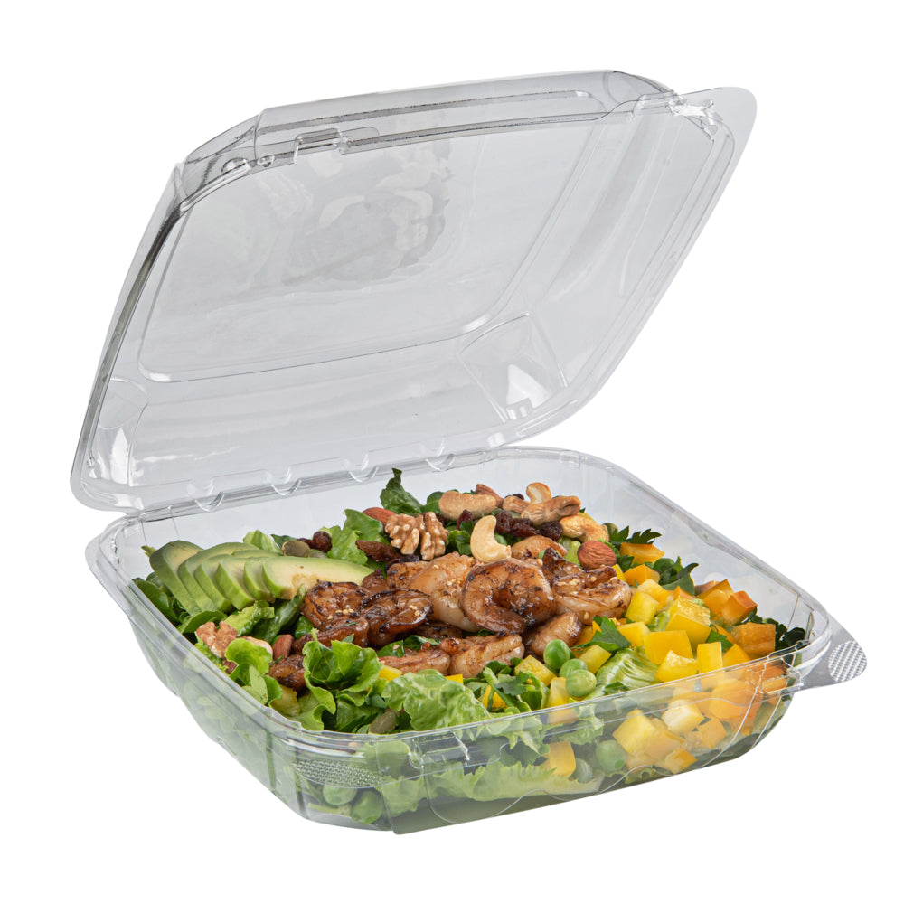 Thermo Tek 46 oz Rectangle Clear Plastic Clamshell Container - Anti-Fog - 9" x 8 1/4" x 2 1/2" - 100 count box