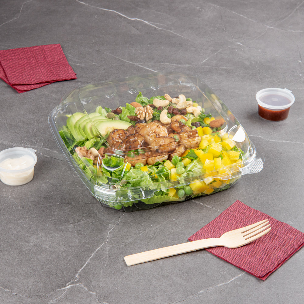 Thermo Tek 46 oz Rectangle Clear Plastic Clamshell Container - Anti-Fog - 9" x 8 1/4" x 2 1/2" - 100 count box