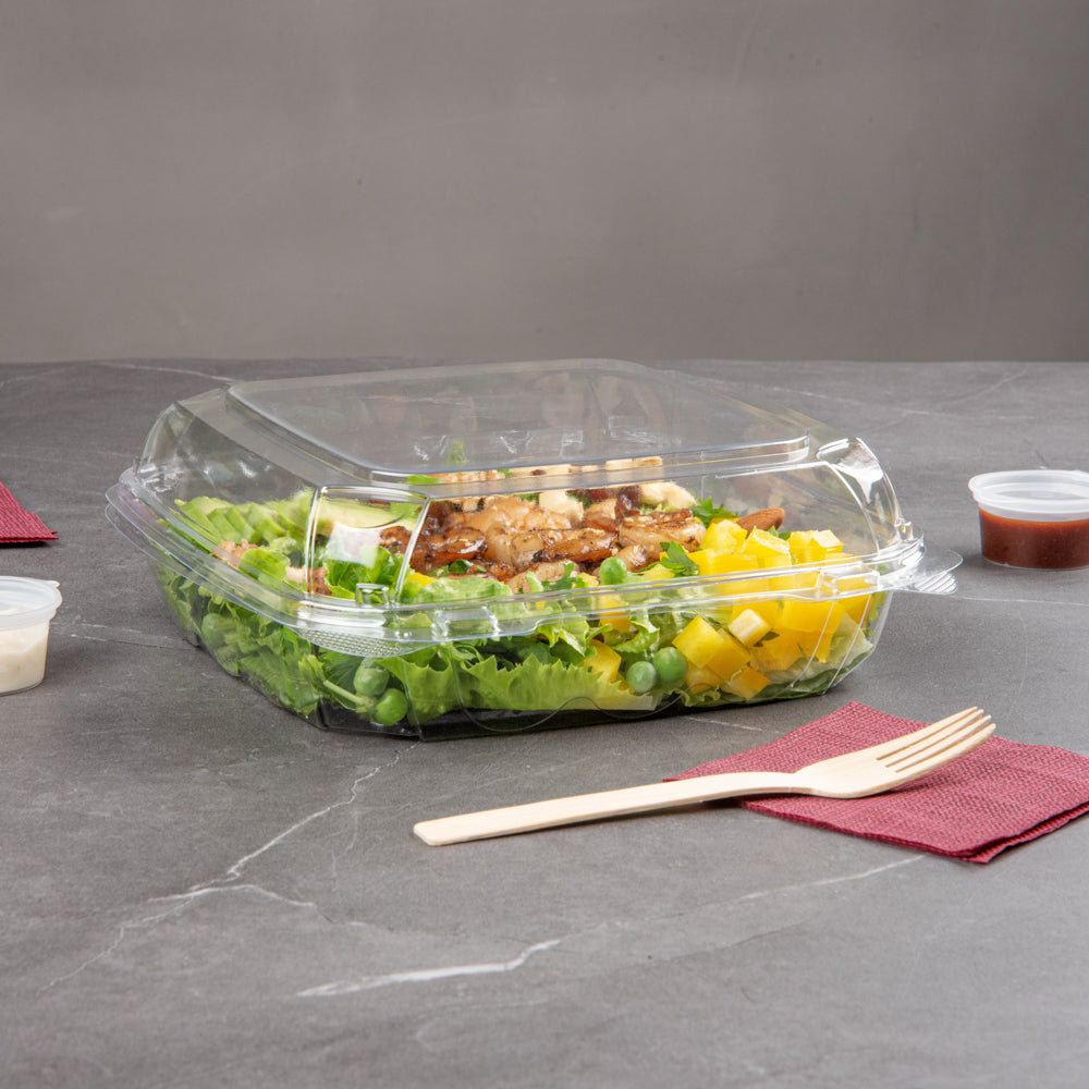 Thermo Tek 46 oz Rectangle Clear Plastic Clamshell Container - Anti-Fog - 9" x 8 1/4" x 2 1/2" - 100 count box