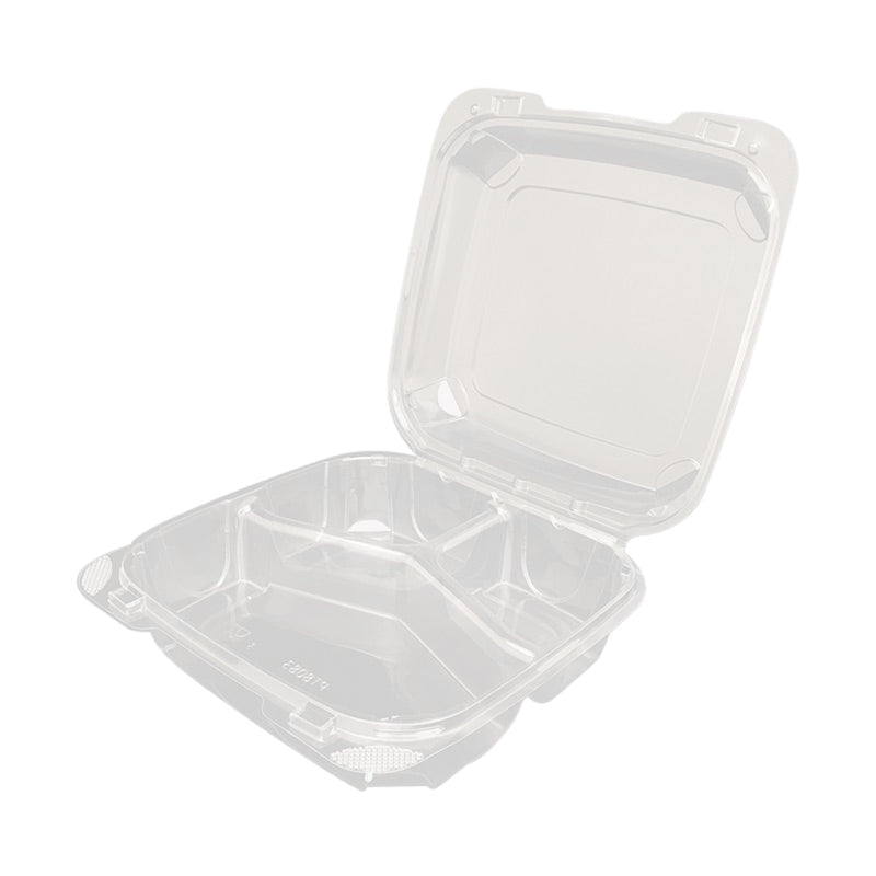 Thermo Tek 34 oz Square Clear Plastic Clamshell Container - 3-Compartment, Anti-Fog - 7 3/4" x 7 3/4" x 2 1/2" - 100 count box