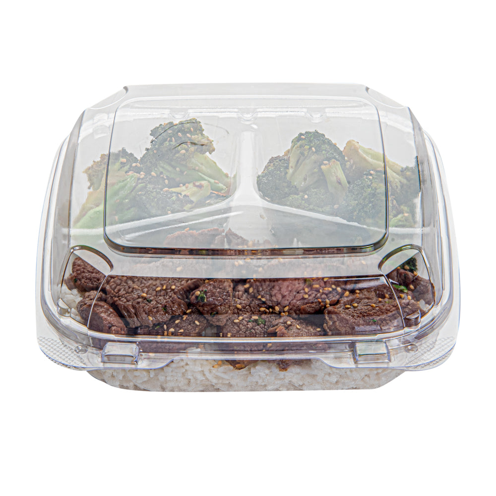 Thermo Tek 34 oz Square Clear Plastic Clamshell Container - 3-Compartment, Anti-Fog - 7 3/4" x 7 3/4" x 2 1/2" - 100 count box