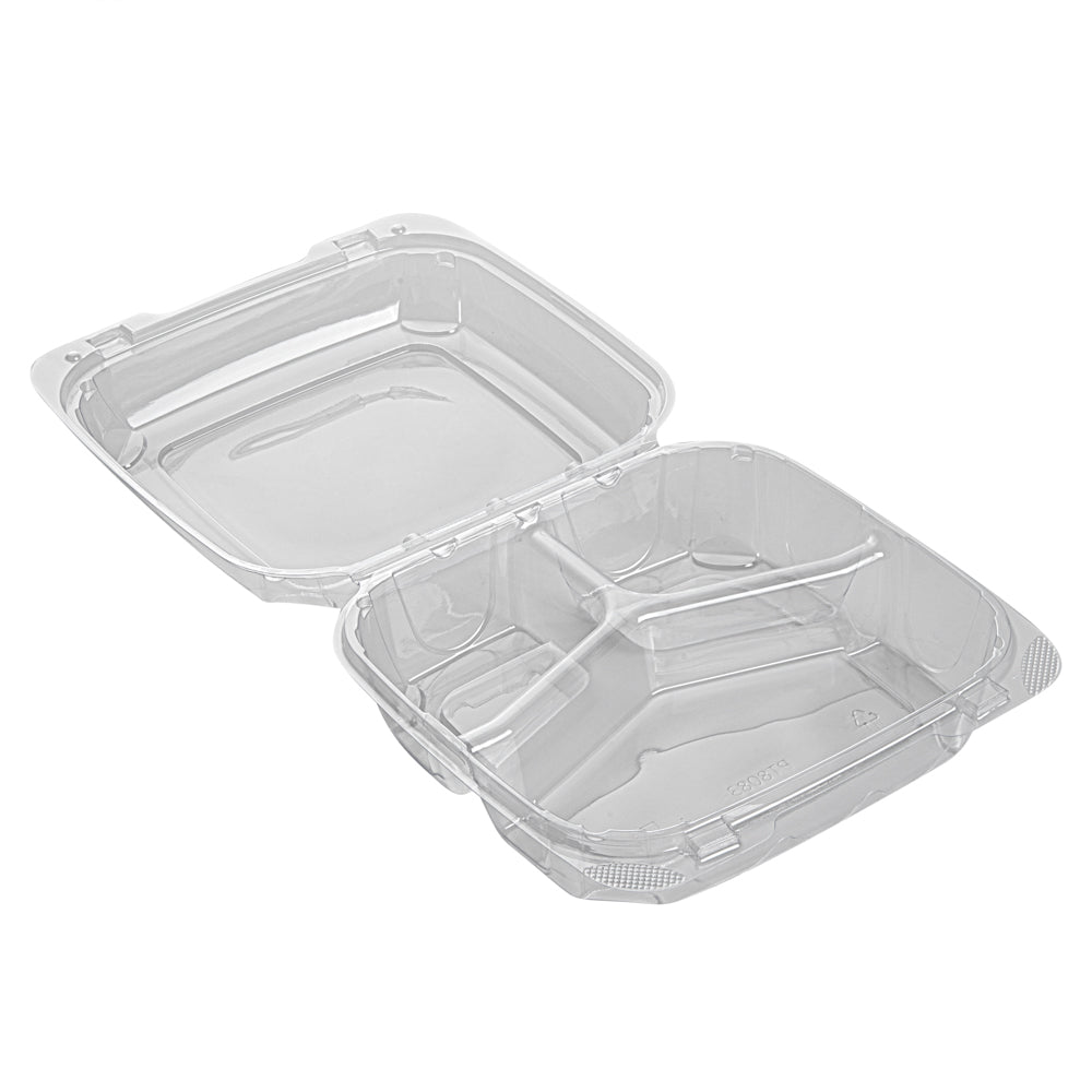 Thermo Tek 34 oz Square Clear Plastic Clamshell Container - 3-Compartment, Anti-Fog - 7 3/4" x 7 3/4" x 2 1/2" - 100 count box