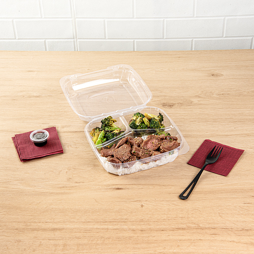 Thermo Tek 34 oz Square Clear Plastic Clamshell Container - 3-Compartment, Anti-Fog - 7 3/4" x 7 3/4" x 2 1/2" - 100 count box