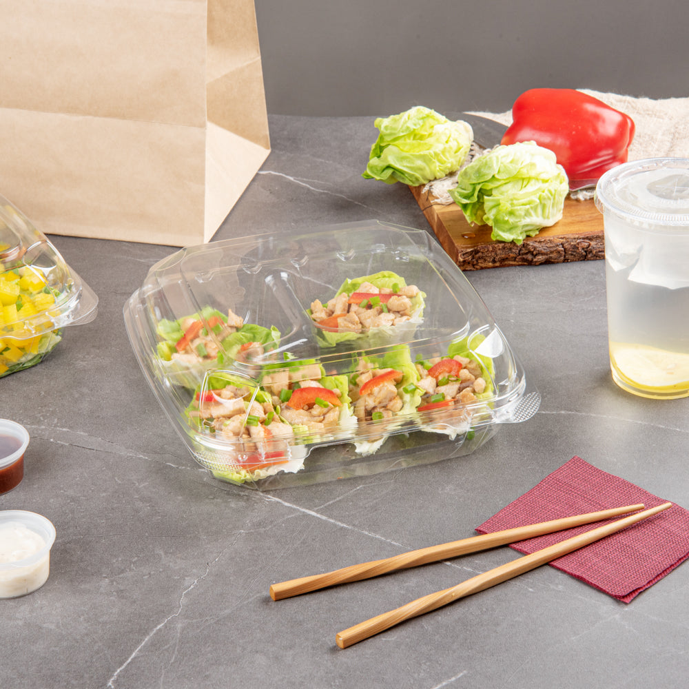 Thermo Tek 41 oz Rectangle Clear Plastic Clamshell Container - 3-Compartment, Anti-Fog - 9" x 8 1/4" x 2 1/2" - 100 count box
