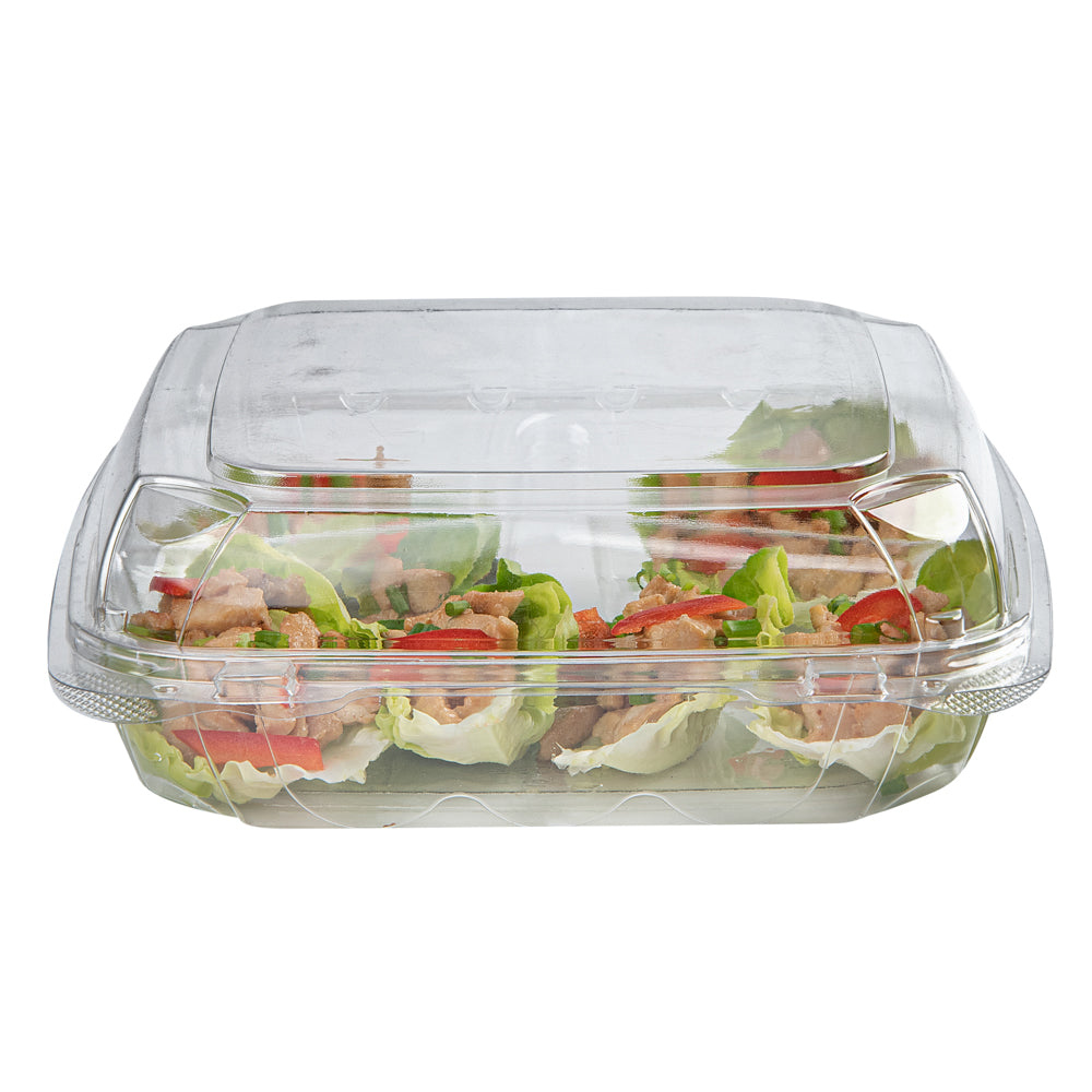 Thermo Tek 41 oz Rectangle Clear Plastic Clamshell Container - 3-Compartment, Anti-Fog - 9" x 8 1/4" x 2 1/2" - 100 count box