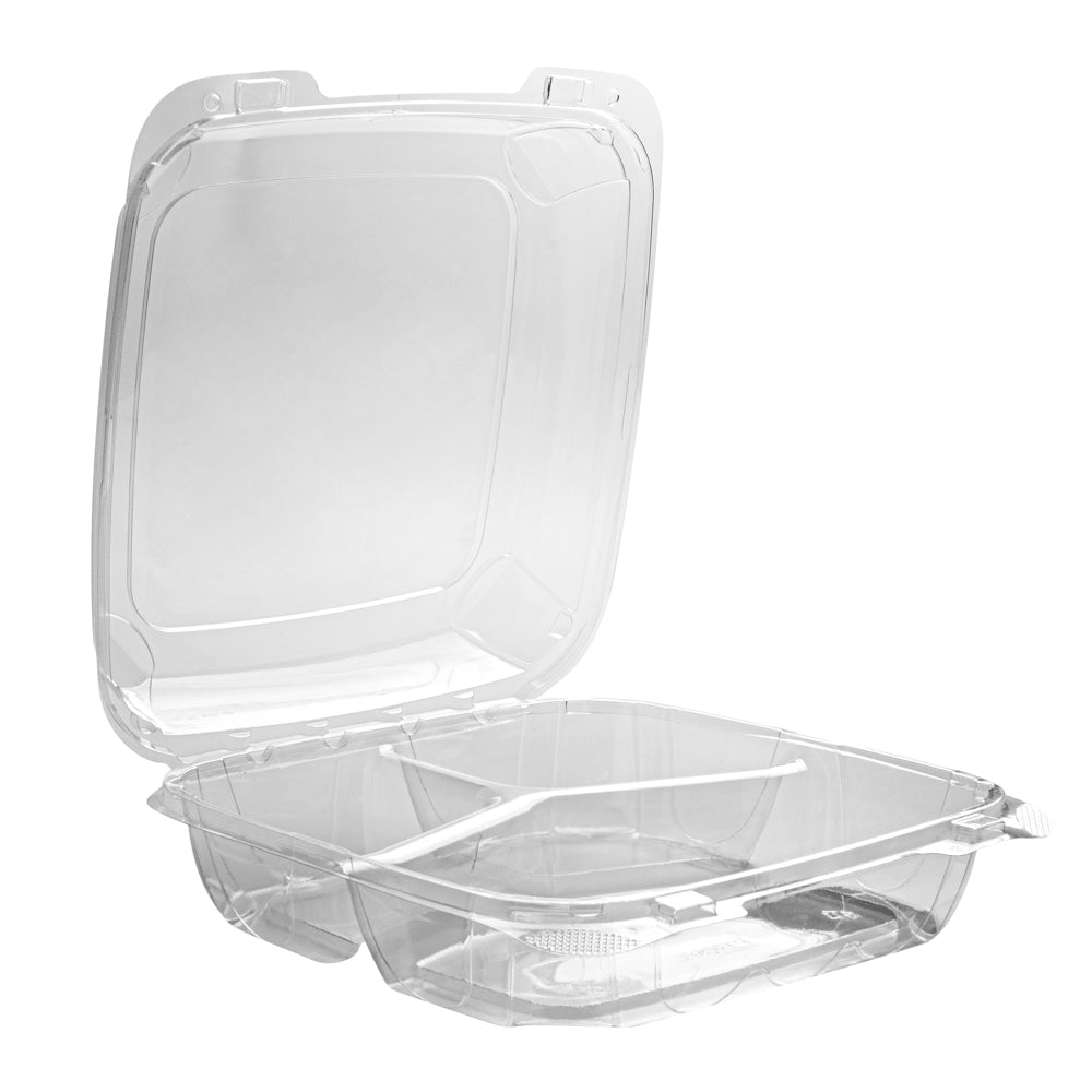 Thermo Tek 41 oz Rectangle Clear Plastic Clamshell Container - 3-Compartment, Anti-Fog - 9" x 8 1/4" x 2 1/2" - 100 count box