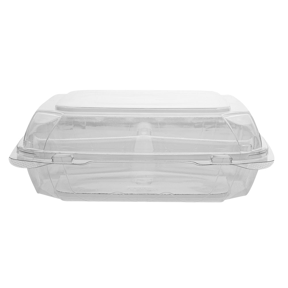 Thermo Tek 41 oz Rectangle Clear Plastic Clamshell Container - 3-Compartment, Anti-Fog - 9" x 8 1/4" x 2 1/2" - 100 count box