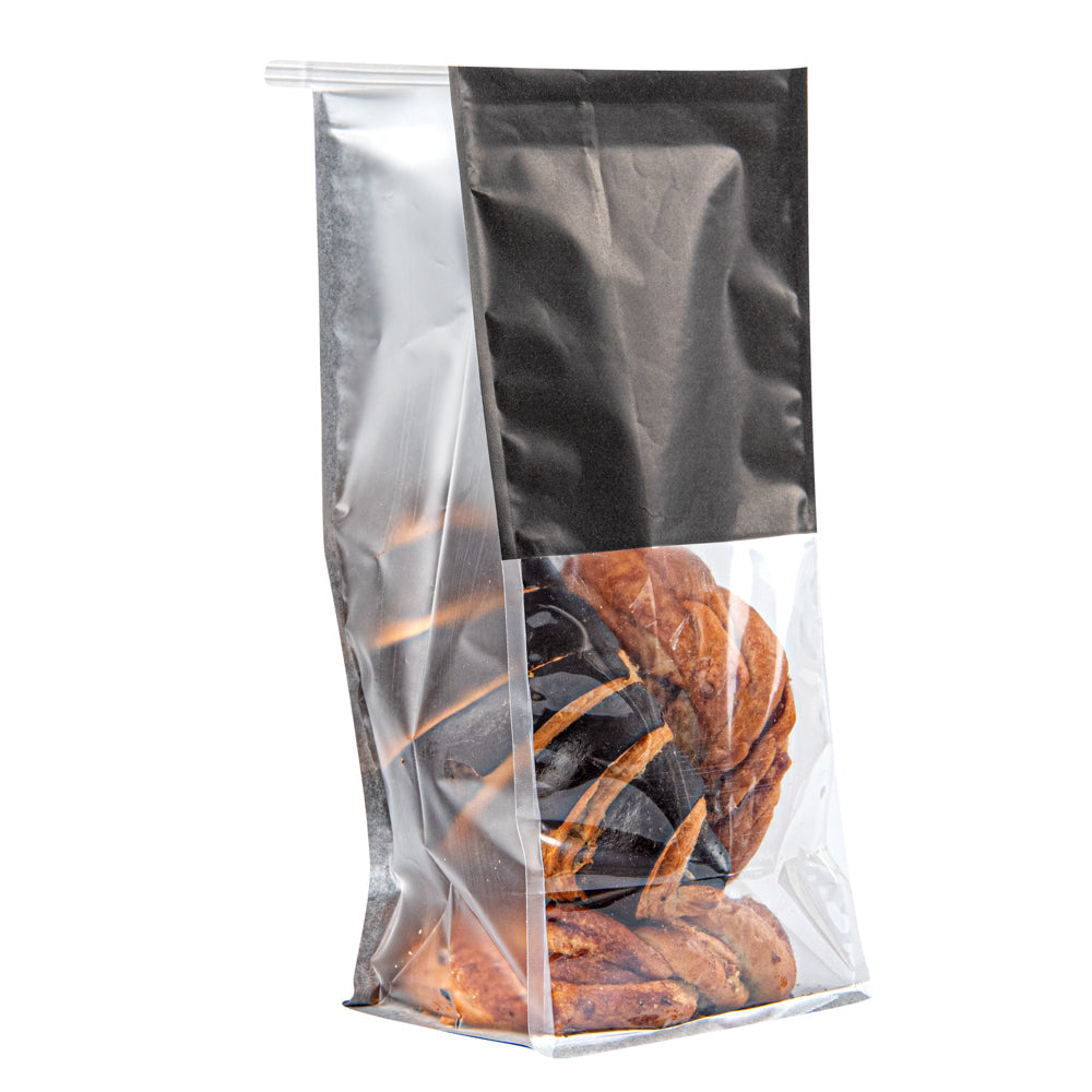 Bag Tek Black Cotton Paper Tin Tie Bag - with Clear Window - 5" x 4" x 11 1/4" - 100 count box