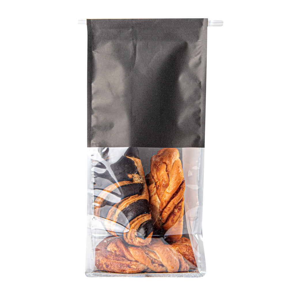 Bag Tek Black Cotton Paper Tin Tie Bag - with Clear Window - 5" x 4" x 11 1/4" - 100 count box