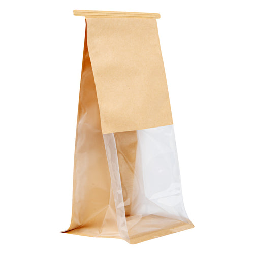Bag Tek Kraft Cotton Paper Tin Tie Bag - with Clear Window - 5" x 4" x 11 1/4" - 100 count box