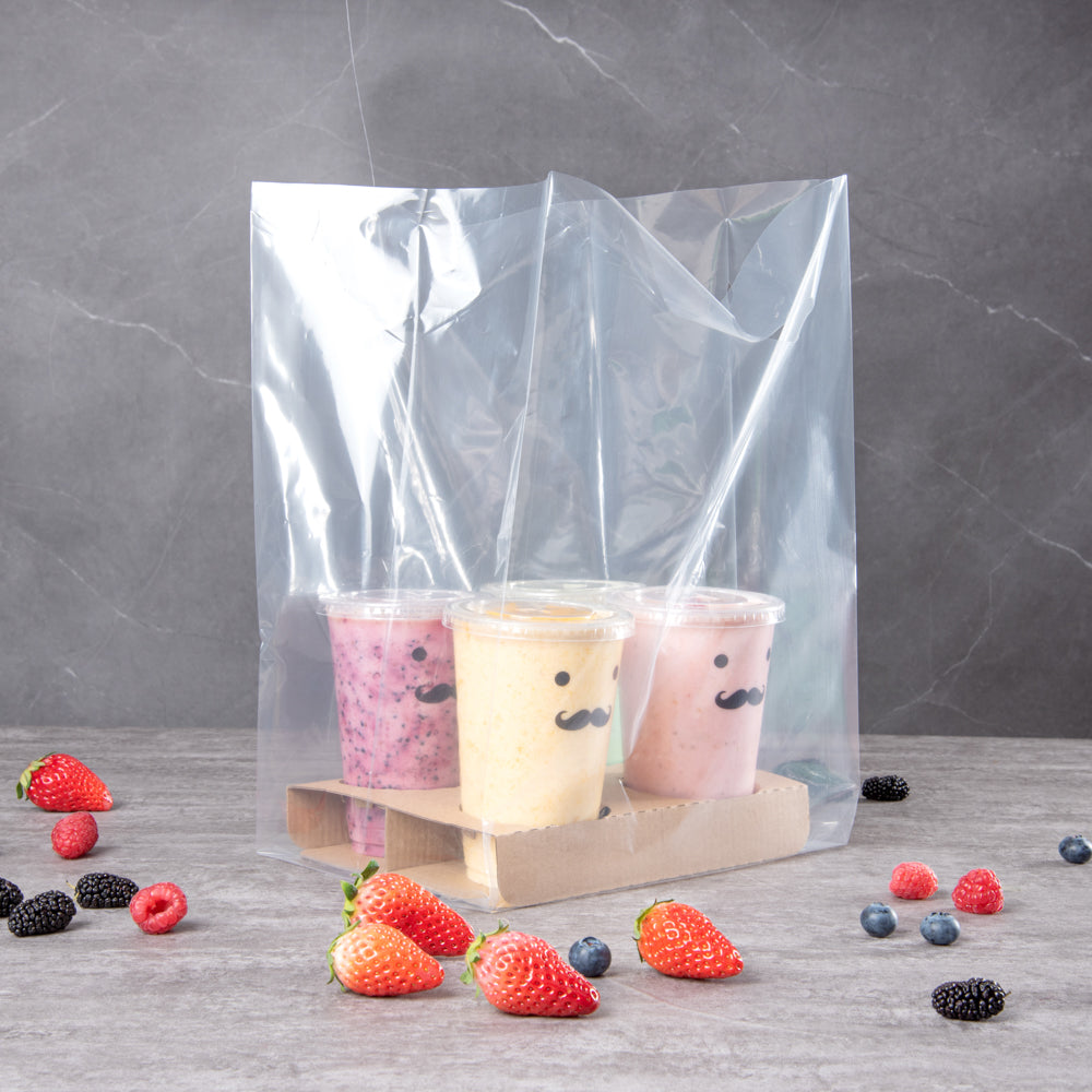 Bag Tek Clear Plastic Take Out Bag - Fits 4-Cup Drink Carrier - 17 3/4" x 9 3/4" x 7" - 100 count box