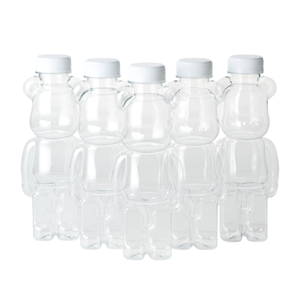 Bottle Tek 12 oz Bear-Shaped Clear Plastic Juice Bottle - with Safety Cap - 3 1/4" x 2 3/4" x 8 1/4" - 100 count box