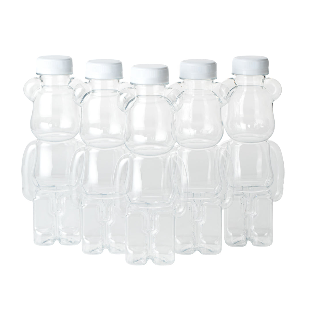 Bottle Tek 12 oz Bear-Shaped Clear Plastic Juice Bottle - with Safety Cap - 3 1/4" x 2 3/4" x 8 1/4" - 100 count box