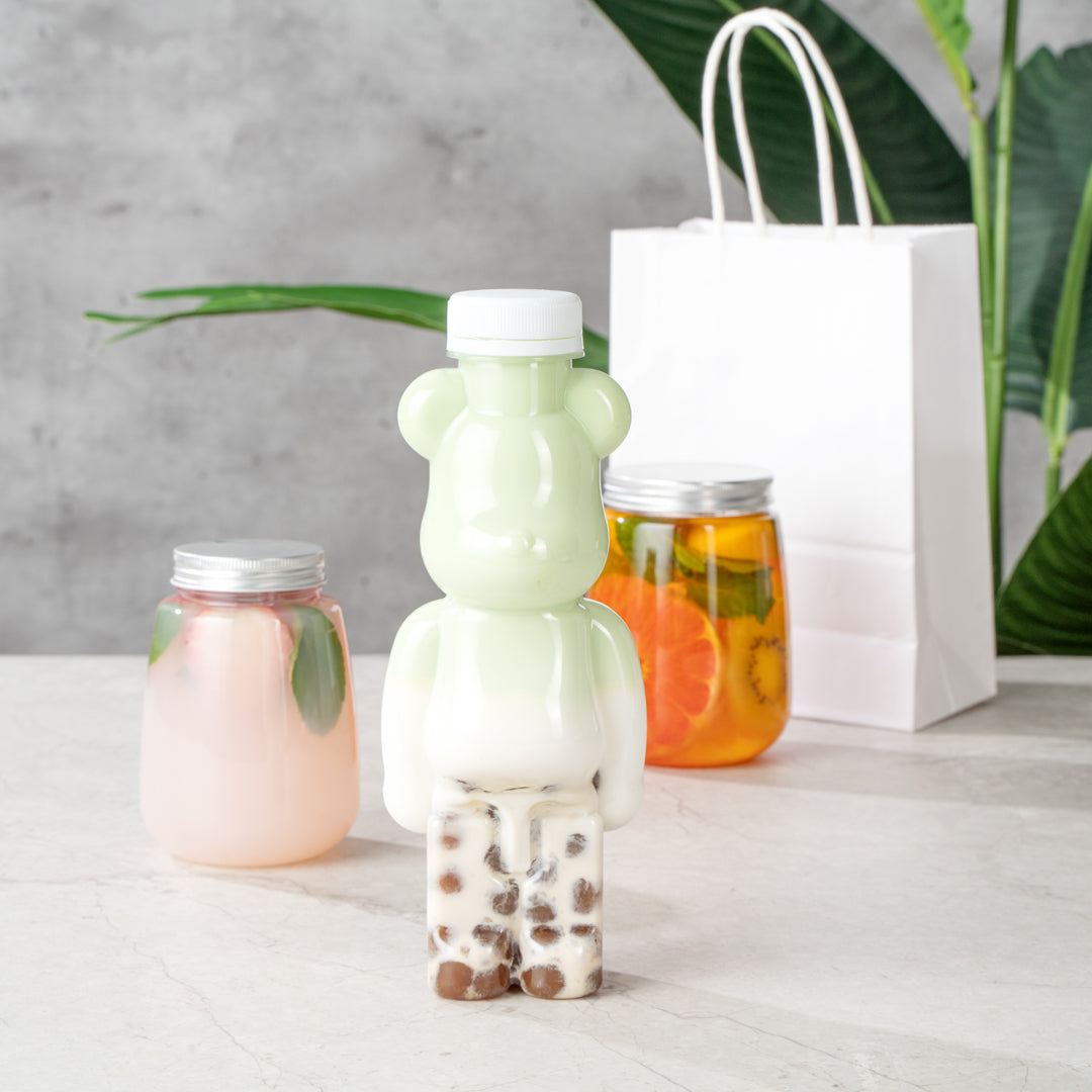 Bottle Tek 12 oz Bear-Shaped Clear Plastic Juice Bottle - with Safety Cap - 3 1/4" x 2 3/4" x 8 1/4" - 100 count box
