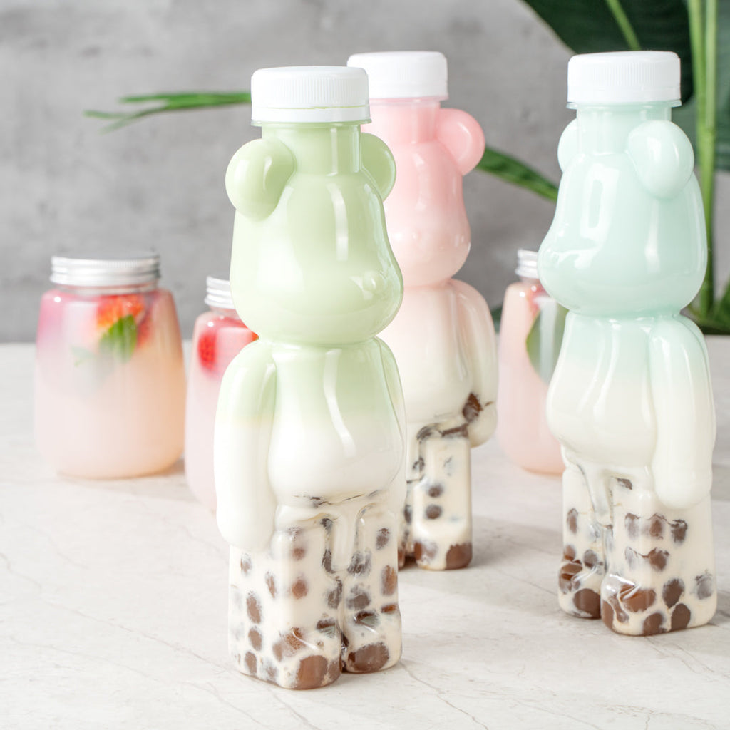 Bottle Tek 12 oz Bear-Shaped Clear Plastic Juice Bottle - with Safety Cap - 3 1/4" x 2 3/4" x 8 1/4" - 100 count box