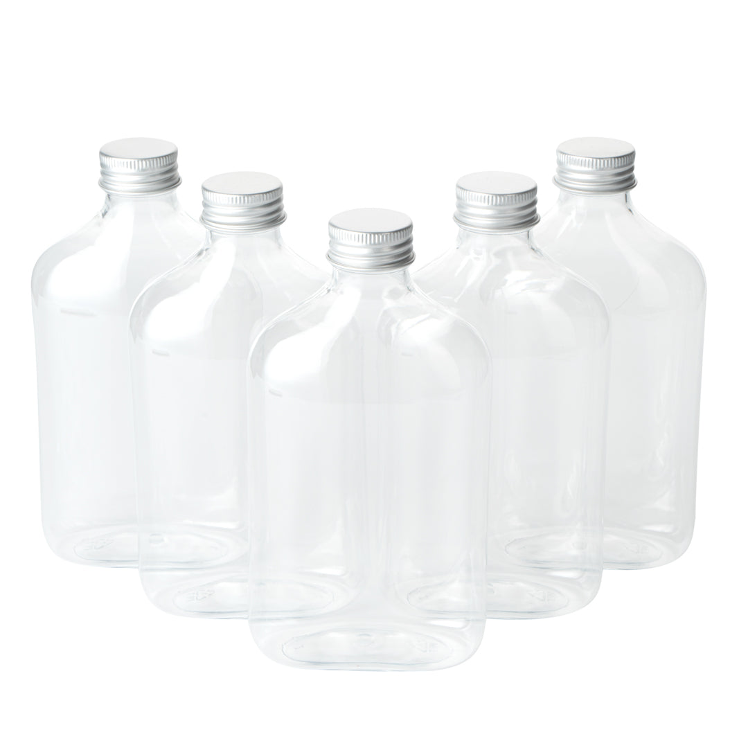 Bottle Tek 10 oz Clear Plastic Flask Container - with Aluminum Lid - 3 1/4" x 1 3/4" x 6 1/4" - 100 count box